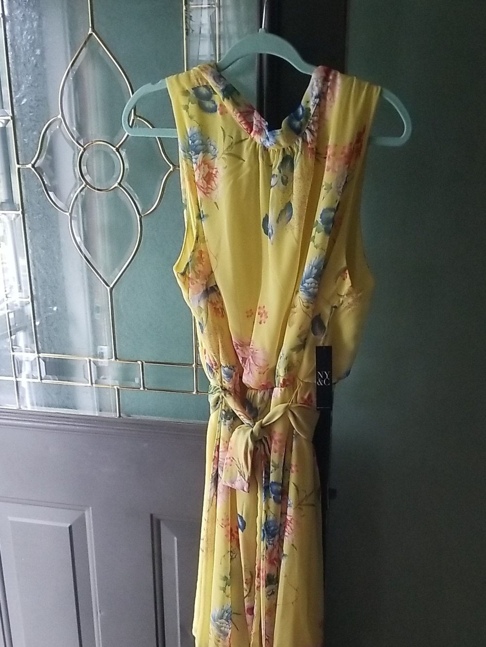 New York & Company Yellow Floral  Dress with Tie Waist